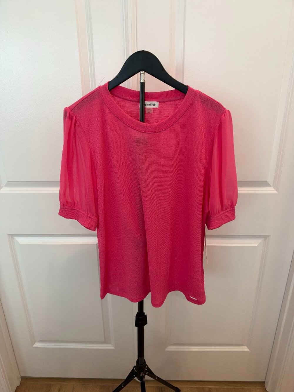 NWT Calvin Klein Pink Puff Sleeve Mixed Media Top XL